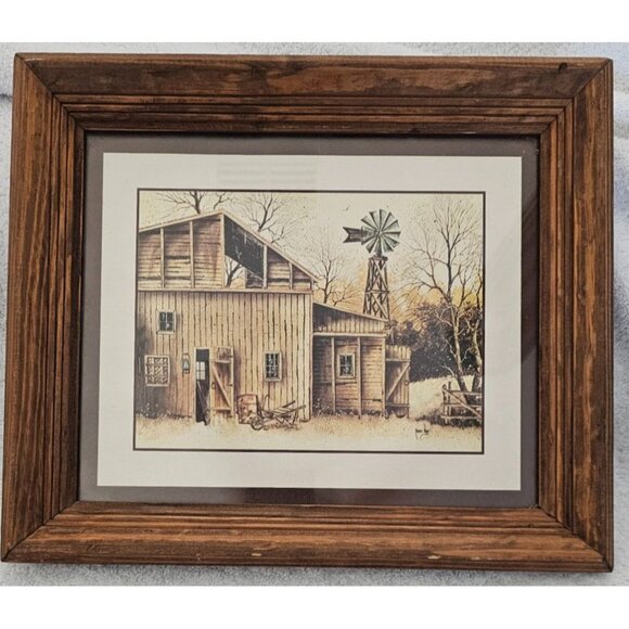 Vintage Robert Nidy Barn & Windmill Framed Print w/ Rustic Wooden Frame 8.5x10.5 - Picture 1 of 6